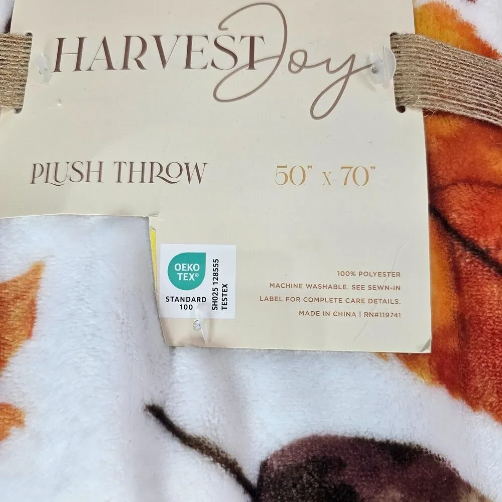 Harvest Joy Plush Throw Blanket 50x70 Fall Autumn Leaves Thanksgiving NWT
